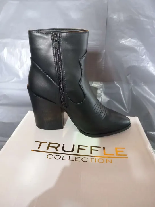 BOXED TRUFFLE BLACK SYNTHETIC ANKLE BOOTS SIZE 3