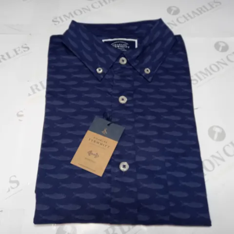 CHARLES TYRWHITT NAVY BLUE FISHPRINT CLASSIC FIT NON IRON STRETCH POPIN SHIRT - MEDIUM