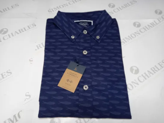 CHARLES TYRWHITT NAVY BLUE FISHPRINT CLASSIC FIT NON IRON STRETCH POPIN SHIRT - MEDIUM