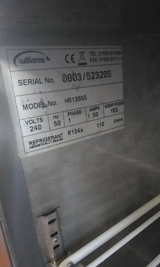 WILLIAMS HA135SS UNDER COUNTER COMMERCIAL FRIDGE