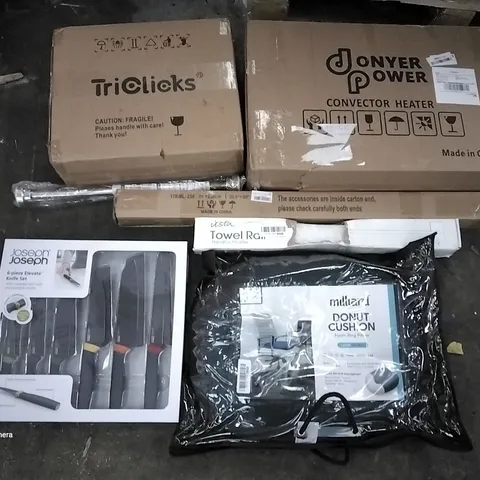 PALLET OF ASSORTED ITEMS INCLUDING MALLARD DONUT CUSHION, DONYER POWER CONVECTION HEATER, JOSEPH JOSEPH 6 PIECE ELEVATE KNIFE SET, TENSION ROD, TOWEL RAIL, ROLLER BLINDS