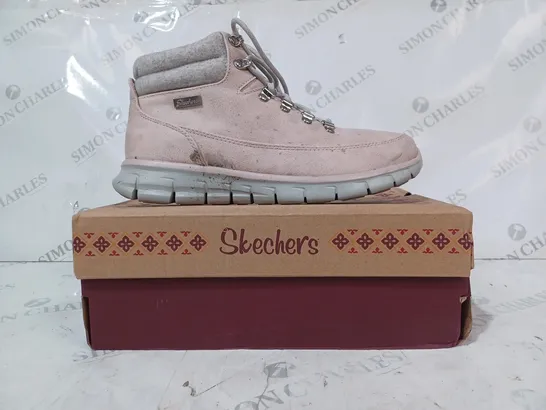 boxed pair of SKECHERS WARM BOOTS, BLUSH - SIZE 6.5