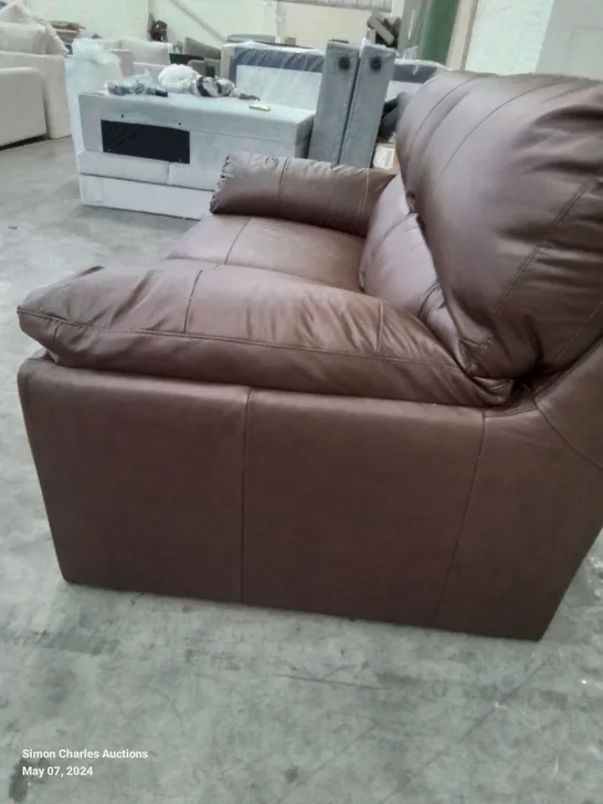 DESIGNER 2 SEATER BROWN LEATHER UPHOLSTERED SOFA