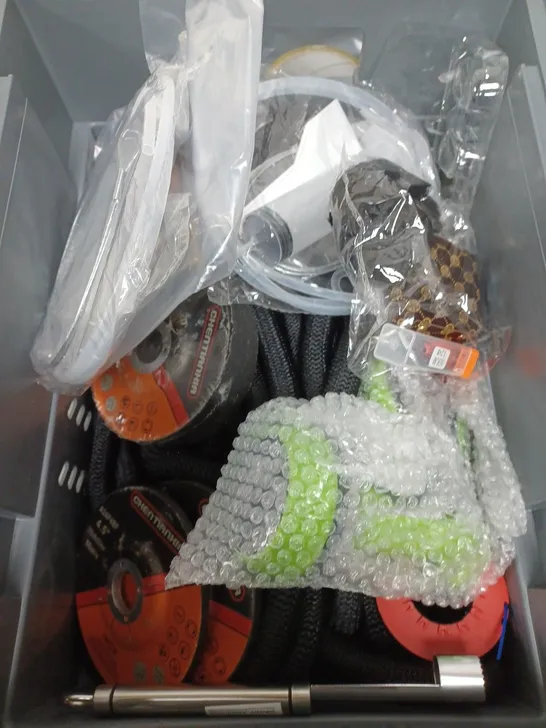 BOX OF APPROXIMATELY 20 ASSORTED HOUSEHOLD ITEMS TO INCLUDE PLUG SOCKET COVERS, PUNCH PLIERS AND WOODEN FORKS