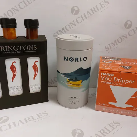 BOX OF APPROX 5 ITEMS TO INCLUDE CARRINGTONS CHILLI SAUCE SET, NORLO ORGANIC GROUND COFFEE AND HARIO V60 DRIPPER