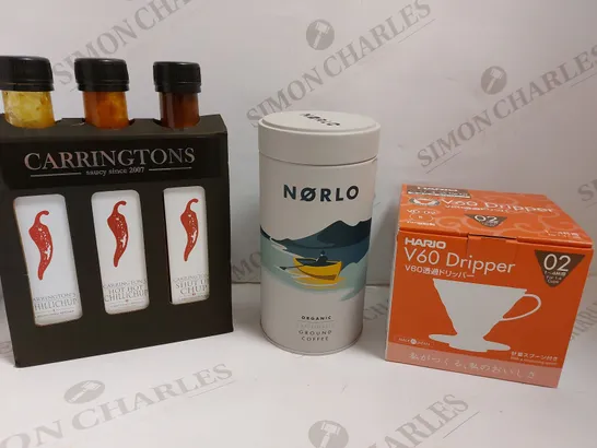 BOX OF APPROX 5 ITEMS TO INCLUDE CARRINGTONS CHILLI SAUCE SET, NORLO ORGANIC GROUND COFFEE AND HARIO V60 DRIPPER