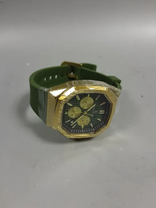 MENS LOUIS LACOMBE CHRONGRAPH WATCH – 3 SUB DIALS – GOLD COLOUR CASE – GREEN RUBBER STRAP