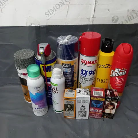 BOX OF APPROXIMATELY 10 ASSORTED AEROSOLS TO INCLUDE - MR SHEEN MULTI SURFACE POLISH - GOT2BGLUED HAIRSPRAY - BULLDOG DEODORANT - ETC - COLLECTION ONLY