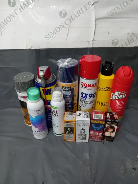 BOX OF APPROXIMATELY 10 ASSORTED AEROSOLS TO INCLUDE - MR SHEEN MULTI SURFACE POLISH - GOT2BGLUED HAIRSPRAY - BULLDOG DEODORANT - ETC - COLLECTION ONLY