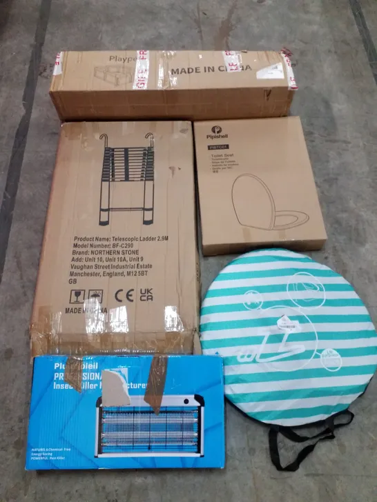 PALLET OF ASSORTED PRODUCTS INCLUDING TELESCOPIC LADDER 2.9M, PLAYPEN, TOILET SEAT, POP UP BEACH TENT, INSECT KILLER