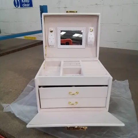 A BOX OF 12 QUALITY WHITE JEWELLERY BOXES WITH MIRROR AND 2 DRAWERS 