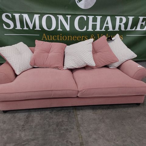 QUALITY BRITISH DESIGNER LOUNGE Co. THREE SEATER SOFA PINK PLUSH FABRIC WITH REVERSIBLE SCATTER CUSHIONS 