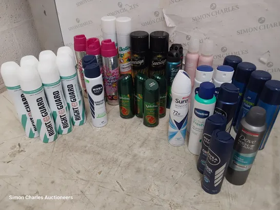 TWO TOTES OF ASSORTED AEROSOLS INCLUDING BODY SPRAYS BY RIGHT GUARD, SURE, NIVEA, BOOTS SHAVING FOAM, SOVEREIGN AIR SANATISER, CARPET FRESH PET.