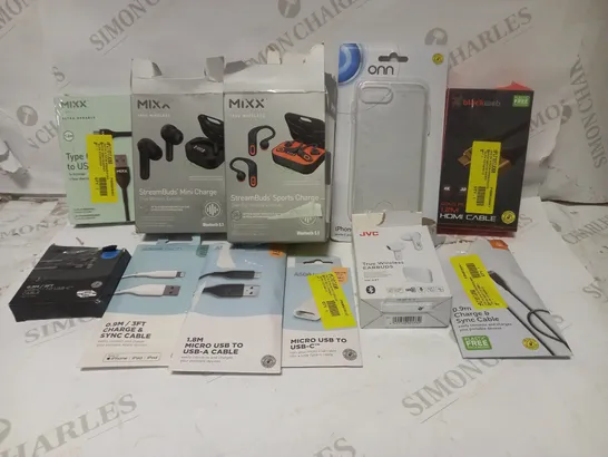 BOX TO CONTAIN APPROX. 25 X ASSORTED ELECTRONIC & TECH PRODUCTS, INCLUDES CHARGING CABLES, EARPHONES, PHONE CASE ETC 