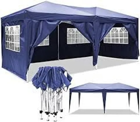 BRAND NEW BOXED YUEBO BLUE FOLDING GAZEBO TENT 3 X 6 M WATERPROOF FOLDING TENTS WITH 6 WALLS, UV PROTECTION FOLDING GAZEBO GARDEN PERGOLAS TENTS FOR OUTDOORS, PARTIES (1 BOX)