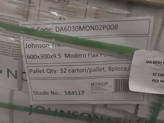 PALLET TO CONTAIN APPROX 32 X PACKS OF JOHNSON TILES MODERN FLAX POLISHED PORCELAIN FLOOR & WALL TILES - 8 TILES PER PACK // TILE SIZE: 600 X 300 X 9.5mm