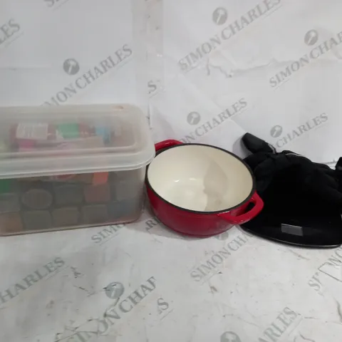 APPROXIMATELY 15 ITEMS TO INLUDE VARIOUS SPICES, RED COOKING POT, SALTER SCALE, ETC