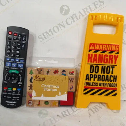 LOT OF APPROXIMATELY 10 ASSORTED HOUSEHOLD ITEMS TO INCLUDE NOVELTY WARNING SIGN, CHRISTMAS STAMPS, REMOTE, ETC