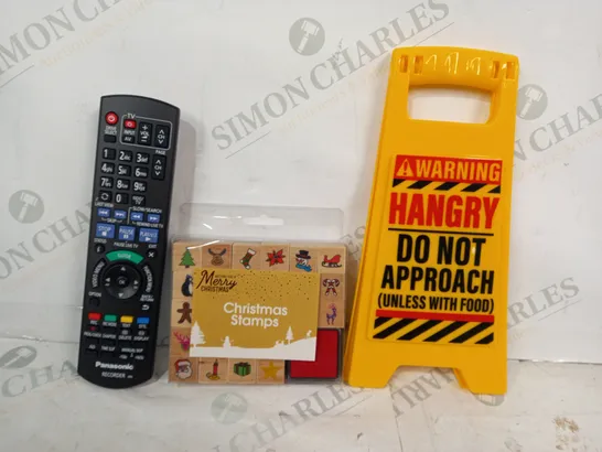 LOT OF APPROXIMATELY 10 ASSORTED HOUSEHOLD ITEMS TO INCLUDE NOVELTY WARNING SIGN, CHRISTMAS STAMPS, REMOTE, ETC