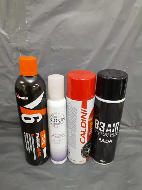 APPROXIMATELY 12 ASSORTED AEROSOLS TO INCLUDE AIR SANITISER , STRAIGHTENING FOAM , WHEEL SPRAY , ETC 