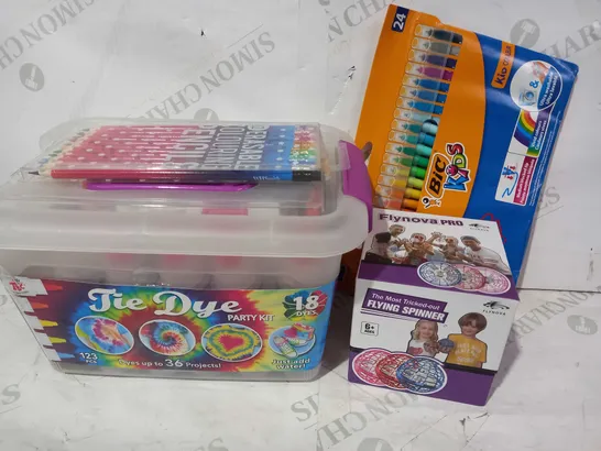 BOX OF APPROXIMATELY 10 ASSORTED TOYS AND GAMES TO INCLUDE BIC KIDS PENS, TIE DYE PARTY KIT, FLYNOVA FLYING SPINNER, ETC