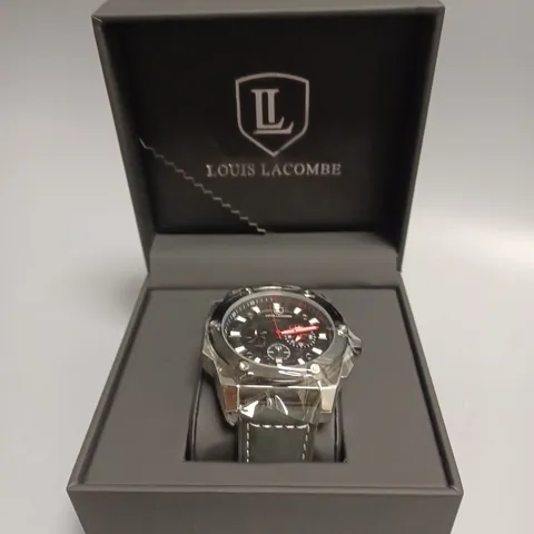MENS LOUIS LACOMBE CHRONGRAPH WATCH – 3 SUB DIALS – SILVER COLOUR CASE – LEATHER STRAP