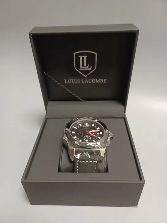 MENS LOUIS LACOMBE CHRONGRAPH WATCH – 3 SUB DIALS – SILVER COLOUR CASE – LEATHER STRAP