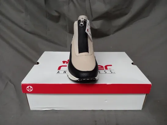 BOXED PAIR OF RIEKER HI TOP TRAINERS IN BEIGE SIZE 6.5