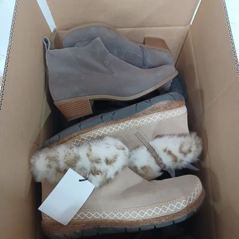 BOX OF APPROXIMATELY 10 PAIRS OF SHOES IN VARIOUS SIZES INCLUDING, VIONIC, EARTH ORIGINS AND CLARKS  