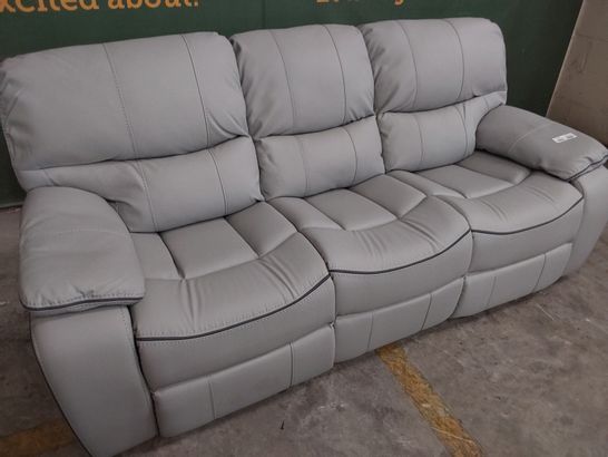 DESIGNER LIGHT GREY LEATHER MANUAL RECLINING 3 SEATING SOFA WITH CONTRASTING LINING
