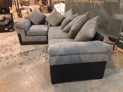 DESIGNER GREY LINED FABRIC CORNER SOFA WITH SCATTER BACK CUSIONS 