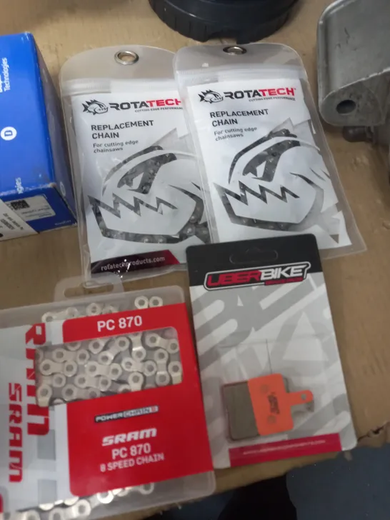 LOT OF APPROXIMATELY 20 ASSORTED ITEMS TO INCLUDE ROTATECH REPLACEMENT CHAINS, SRAM 8-SPEED CHAIN, INNER TUBE AND VEHICLE PARTS