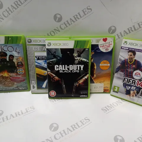 APPROXIMATELY 11 ASSORTED XBOX 360 VIDEO GAMES TO INCLUDE CALL OF DUTY BLACKOPS, FIFA 14, HALO 3, ETC