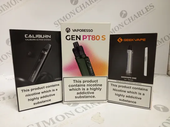 APPROXIMATELY 20 ASSORTED BOXED VAPING PRODUCTS TO INCLUDE UWELL CALIBURN A2 POD SYSTEM, VAPORESSO GEN PT80 S, GEEKVAPE ONE ETC. 