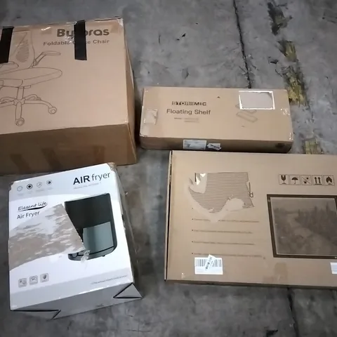 PALLET OF ASSORTED ITEMS INCLUDING FOLDABLE OFFICE CHAIR, FLOATING SHELF, AIR FRYER AND LED TRACING BOARD