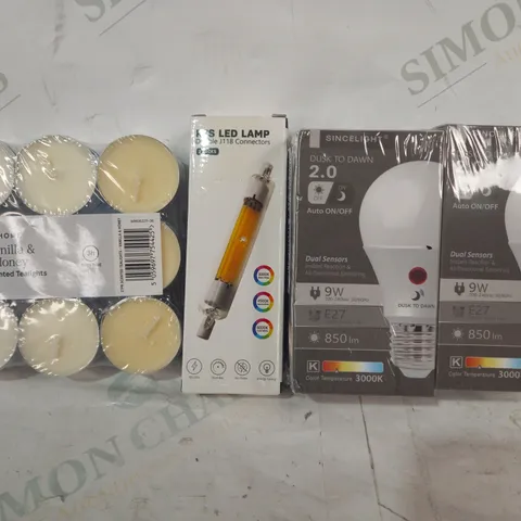 BOX OF APPROXIMATELY 15 ASSORTED HOUSEHOLD ITEMS TO INCLUDE SINCELIGHT 2.0 BULBS, R7S LED LAMP, SCENTED TEALIGHTS, ETC