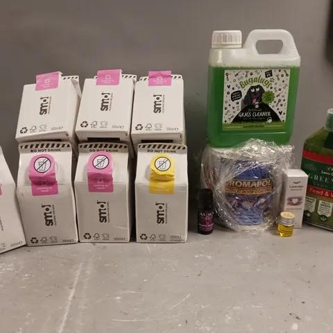 LOT OF ASSORTED HOUSEHOLD ITEMS TO INCLUDE WASHING UP LIQUID, FABRIC CONDITIONER, ESSENTIAL OILS , ETC