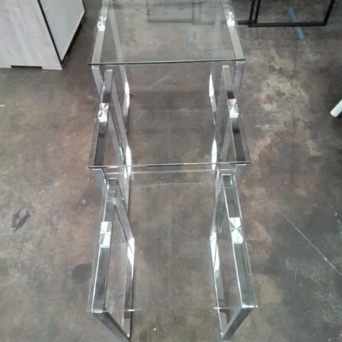 GLASS AND CHROME METAL LEGS NEST OF 3 SQUARE TABLES