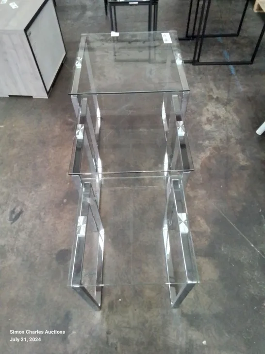 GLASS AND CHROME METAL LEGS NEST OF 3 SQUARE TABLES