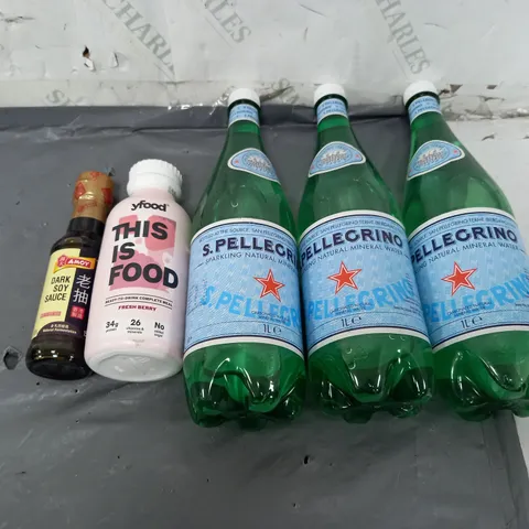 APPROXIMATELY 5 ASSORTED FOOD ITEMS TO INCLUDE - YFOOD FRESH BERRY, DARK SOY SAUCE, AND S.PELLEGRINO 