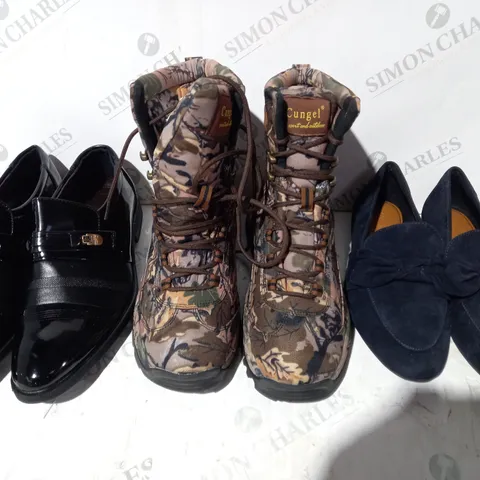 BOX OF APPROXIMATELY 10 ASSORTED PAIRS OF SHOES AND FOOTWEAR ITEMS IN VARIOUS STYLES AND SIZES TO INCLUDE CUNGEL, M&S, ETC