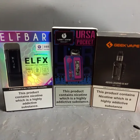 APPROXIMATELY 20 VAPES & E-CIGARETTES TO INCLUDE GEEK VAPE AEGIS LEGEND III, ELFABR ELFX, LOST VAPE QUEST URSA POCKET, ETC