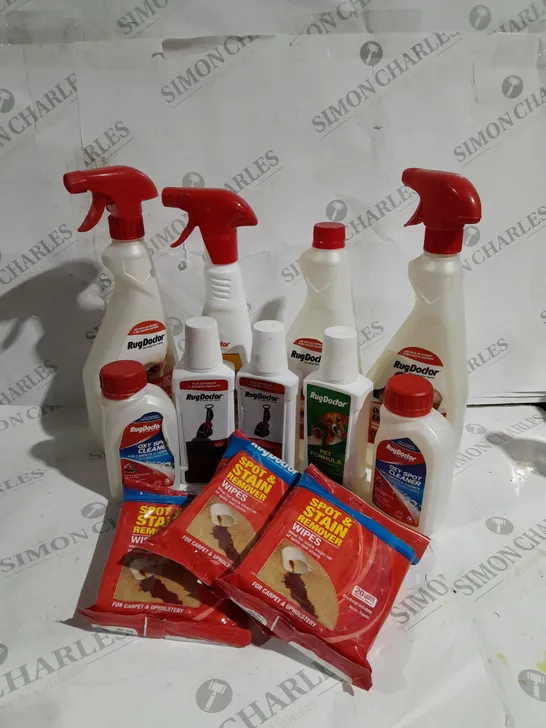 APPROXIMATELY 20 ASSORTED RUG DOCTOR CLEANING PRODUCTS TO INCLUDE URINE ELIMINATOR, HEAVY STAIN PRE-TREATMENT, SPOT AND STAIN REMOVER ETC. 