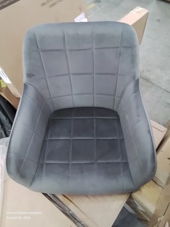 A BOXED PAIR OF GREY VELVET UPHOLSTERED DINING ROOM CHAIRS 