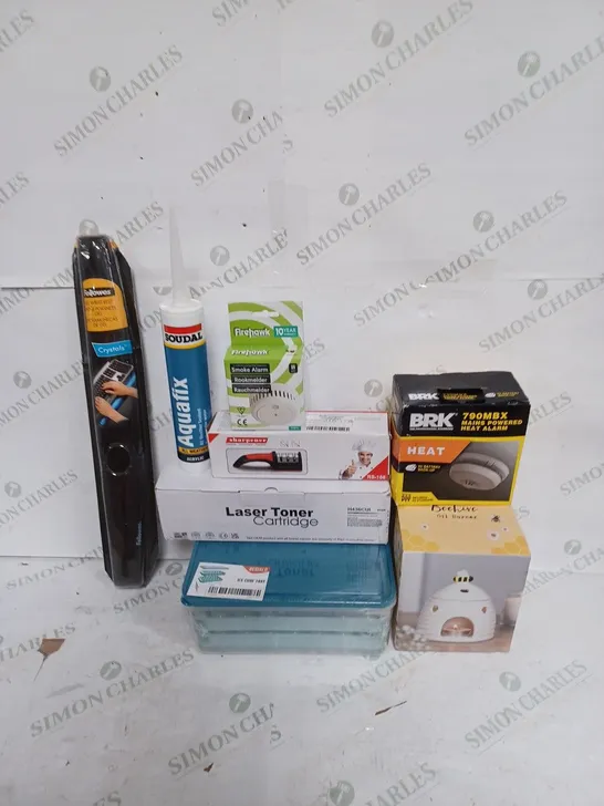 BOX TO CONTAIN APPROX. 20 X ASSORTED HOUSEHOLD GOODS, INCLUDES FIRE ALARMS, INK CARTRIDGES, TOOLS, OIL BURNER ETC 