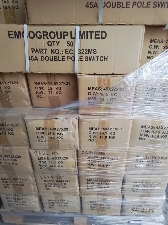 PALLET OF APPROXIMATELY 46 MULTI PACK EMCO BOXES TO INCLUDE - 10A 1G 1WAY SWITCH , 45AMP DOUBLE POLE SWITCH - COLLECTION ONLY