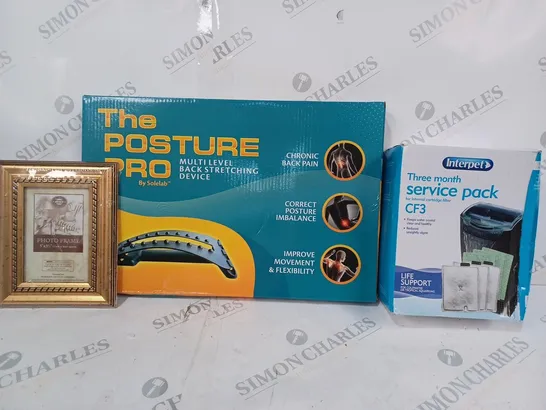 BOX OF APPROXIMATELY 20 ASSORTED HOUSEHOLD ITEMS TO INCLUDE INTERPET THREE MONTH SERVICE PACK, THE POSTURE PRO, PHOTO FRAME IN GOLD EFFECT, ETC