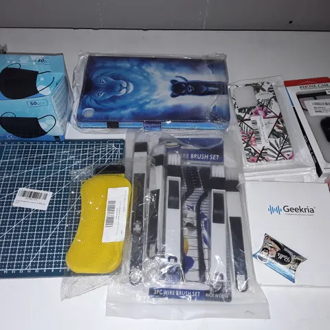 LARGE QUANTITY OF ASSORTED HOUSEHOLD ITEMS TO INCLUDE WIRE BRUSH SET, WALL COLLAGE KIT, PHONE CASES AND FACE MASKS