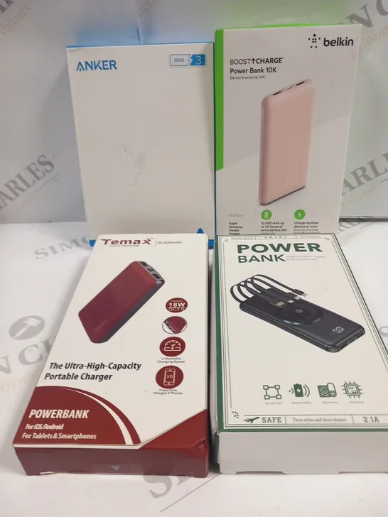 4 ASSORTED POWERBANKS TO INCLUDE; BELKIN BOOST CHARGE, ANKER , TEMA THE ULTRA HIGH CAPACITY PORTABLE CHARGER AND POWER BANK