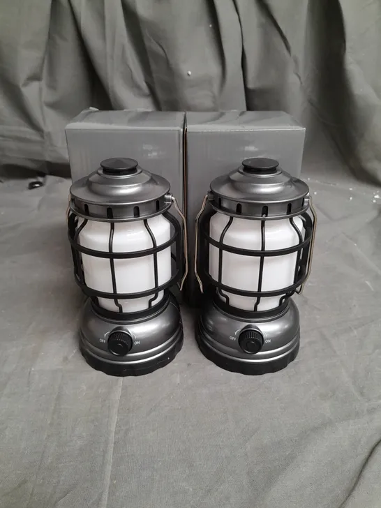 BOXED SET OF 2 HANGING BATTERY LANTERNS IN METALIC GREY 